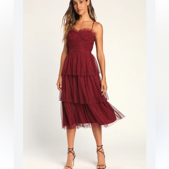 Lulus Burgundy Sweetheart Style Polka Dot Bustier Ruffle Tiered Dress NWT XL Lulus Burgundy Sweetheart Style Polka Dot Bustier Ruffle Tiered Dress NWT XL